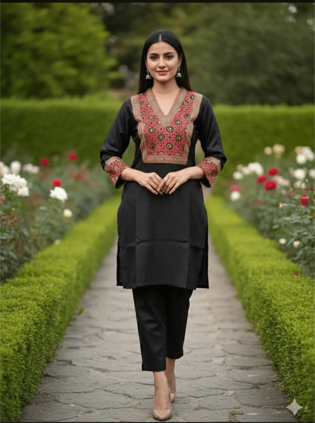 Mashru silk Ajrakh kurti and palazzo set detail - Maatruu