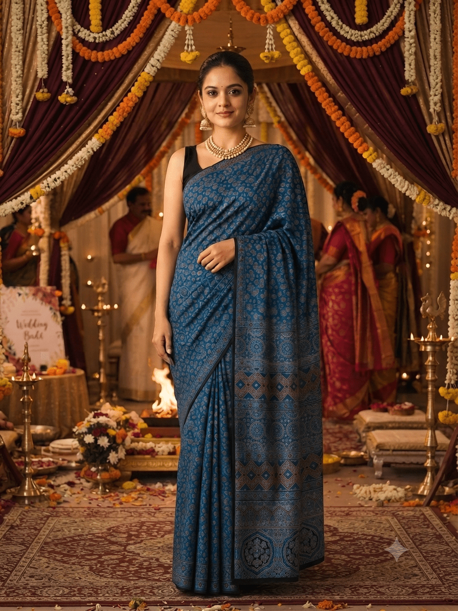 Modal Ajrakh saree without ladti patta blue - Maatruu