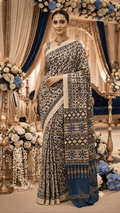 Modal Ajrakh saree without ladti patta Ivory. - Maatruu