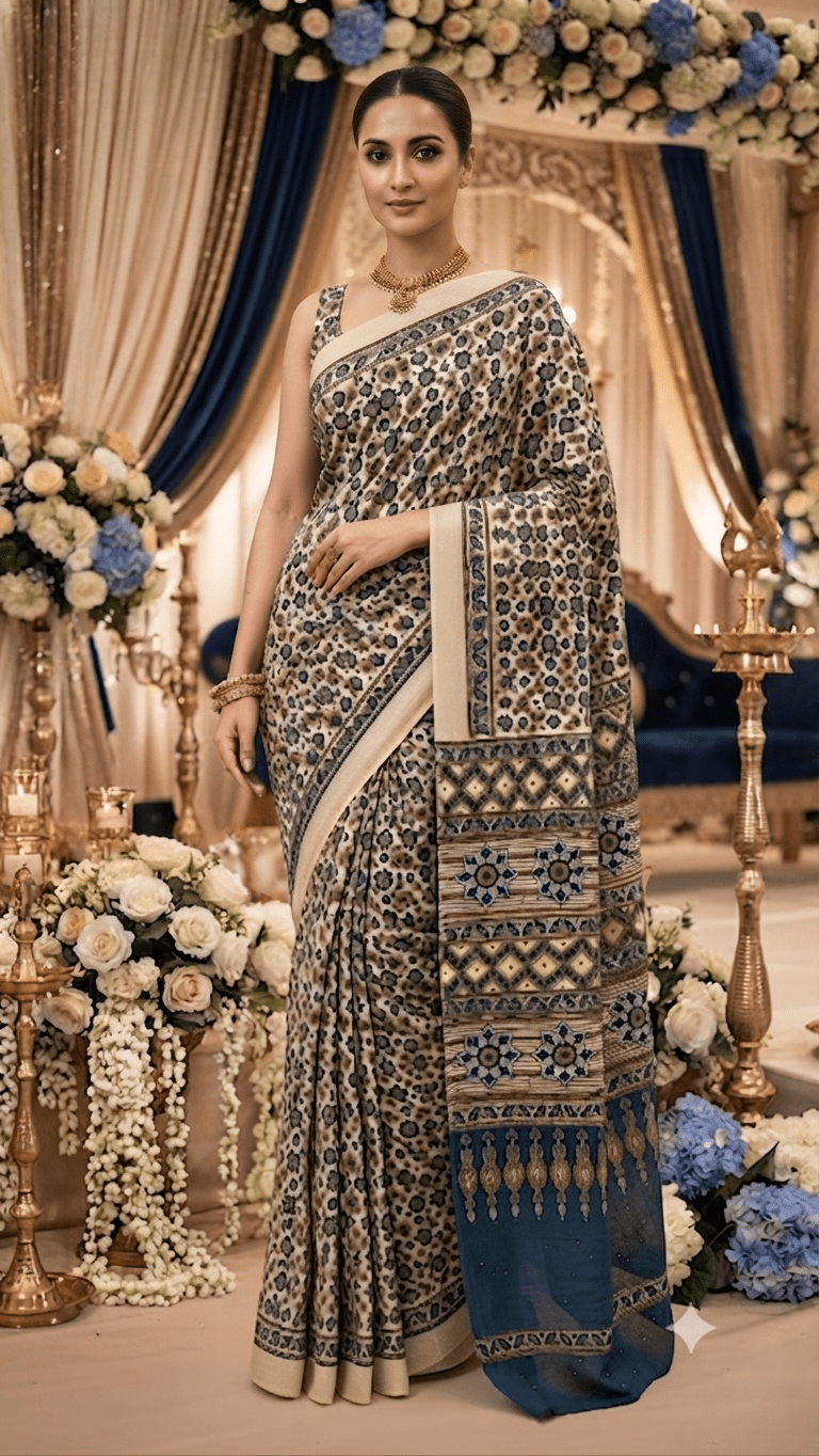 Modal Ajrakh saree without ladti patta Ivory. - Maatruu