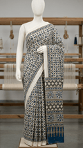 Modal silk Ajrakh handblock saree in ivory without lagdipatta - Maatruu