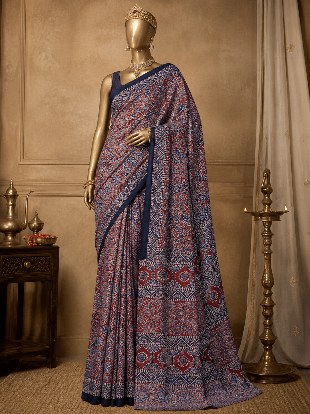 Modal Ajrakh saree without ladti patta red design 1 - Maatruu