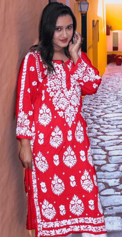 Lucknowi Chikankari modal kurti hand embroidery detail - Maatruu