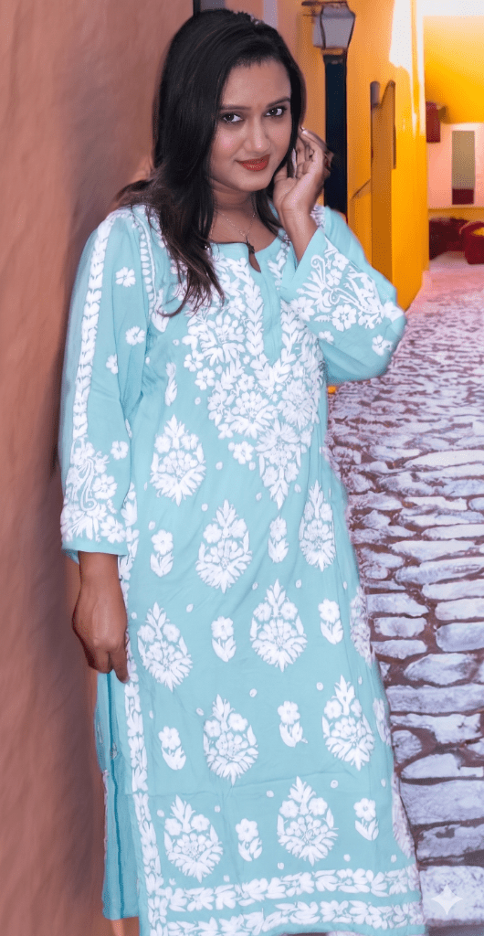 Heavy work Chikankari modal long kurti front view - Maatruu