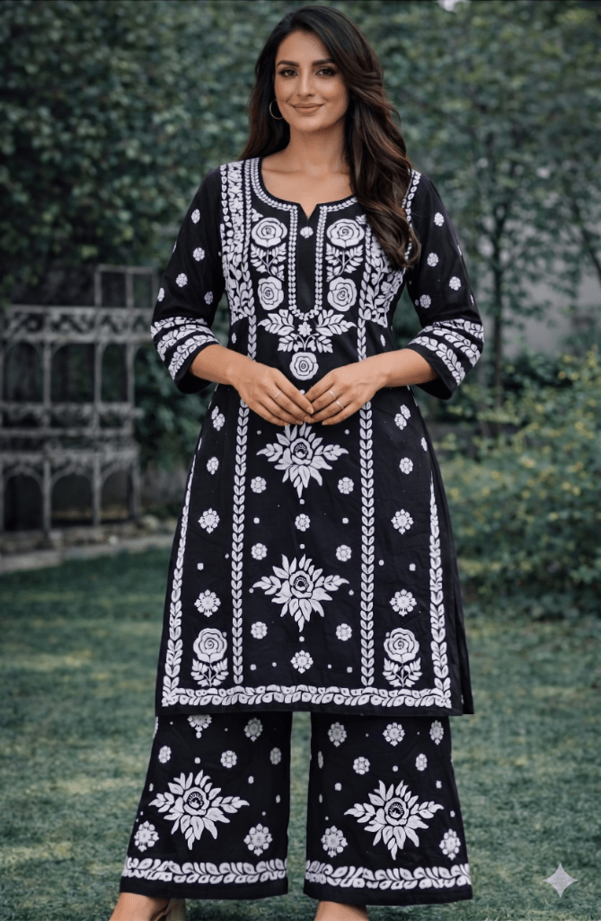 Modal Lucknowi Chikankari kurti and palazzo set with heavy work - Maatruu