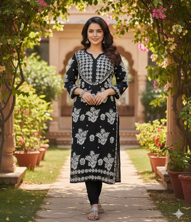 Heavy work Lucknowi long kurti front view - Maatruu