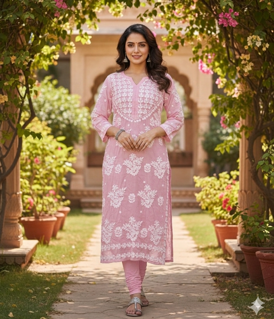 Modal Chikankari long kurti hand embroidery detail - Maatruu