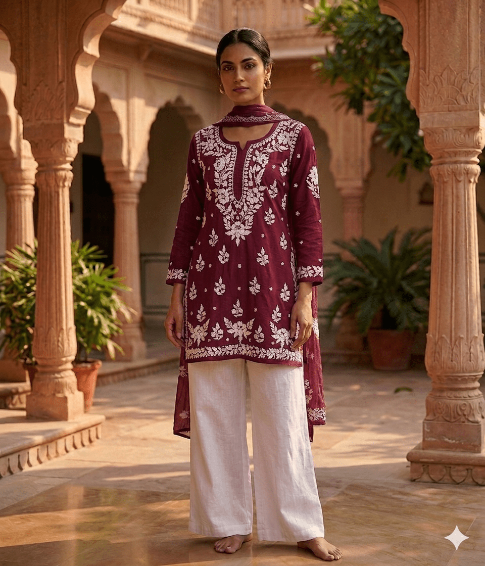 Modal Chikankari short kurti detail - Maatruu