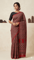 Modal silk Ajrakh handblock saree in red without lagdipatta - Maatruu