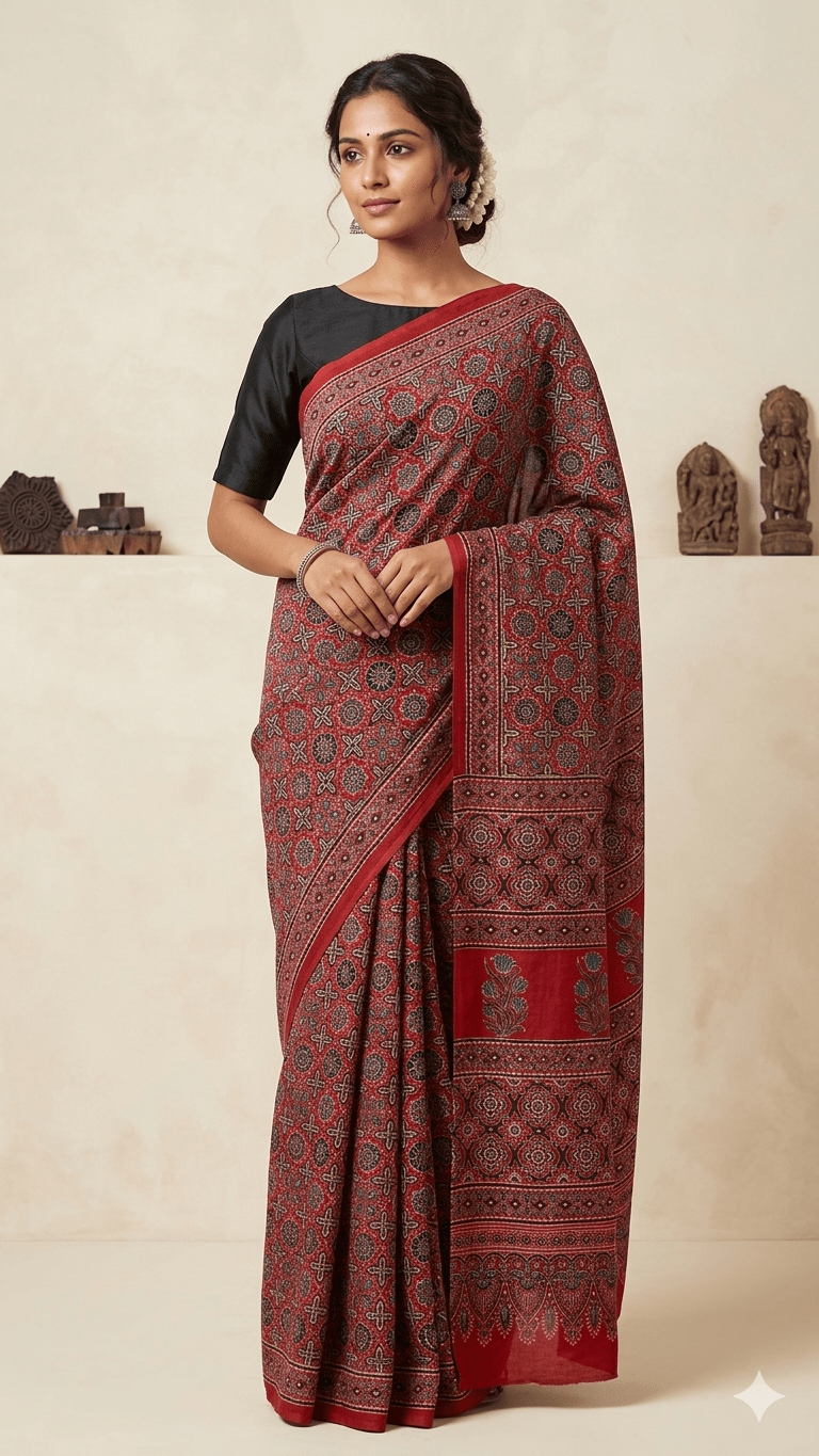 Modal silk Ajrakh handblock saree in red without lagdipatta - Maatruu