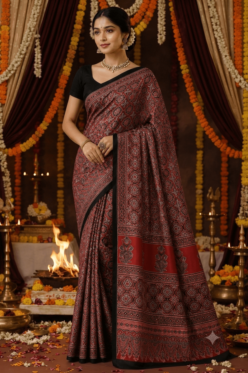 Modal silk Ajrakh saree without ladtipatta Red - Maatruu