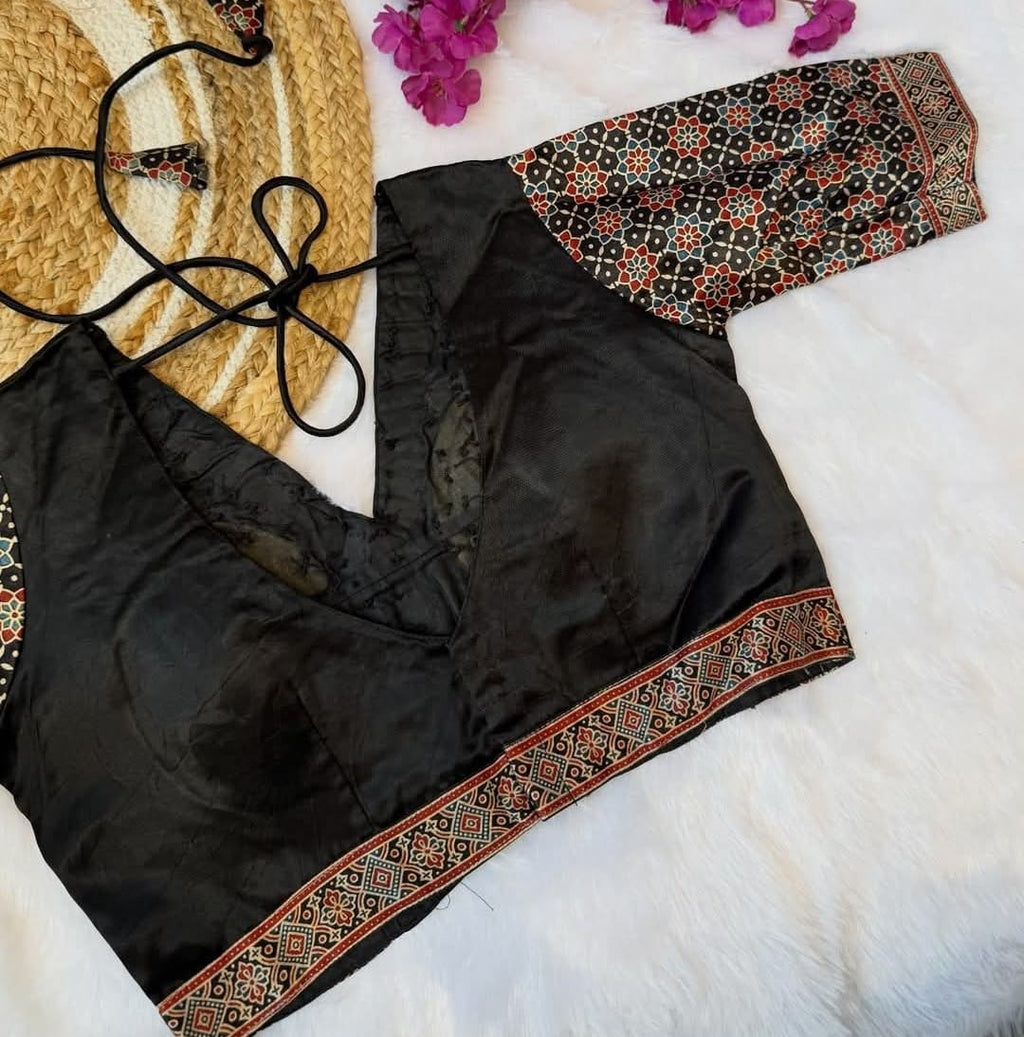 Modal silk Ajrakh blouse mirror work detail - Maatruu