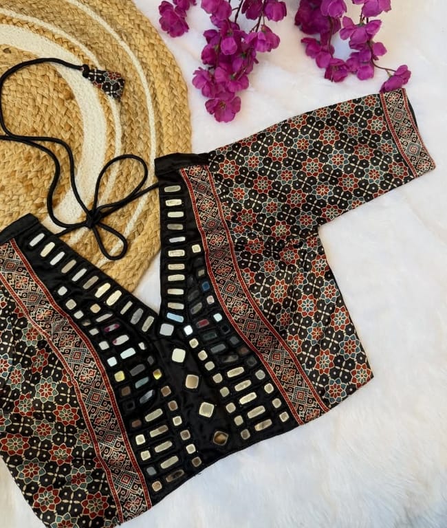 Ajrakh handblock modal silk blouse with real mirror work - Maatruu