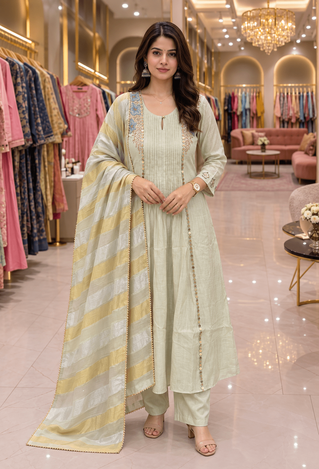 Most Viral premium Mul Chanderi lilac and pista green - Maatruu