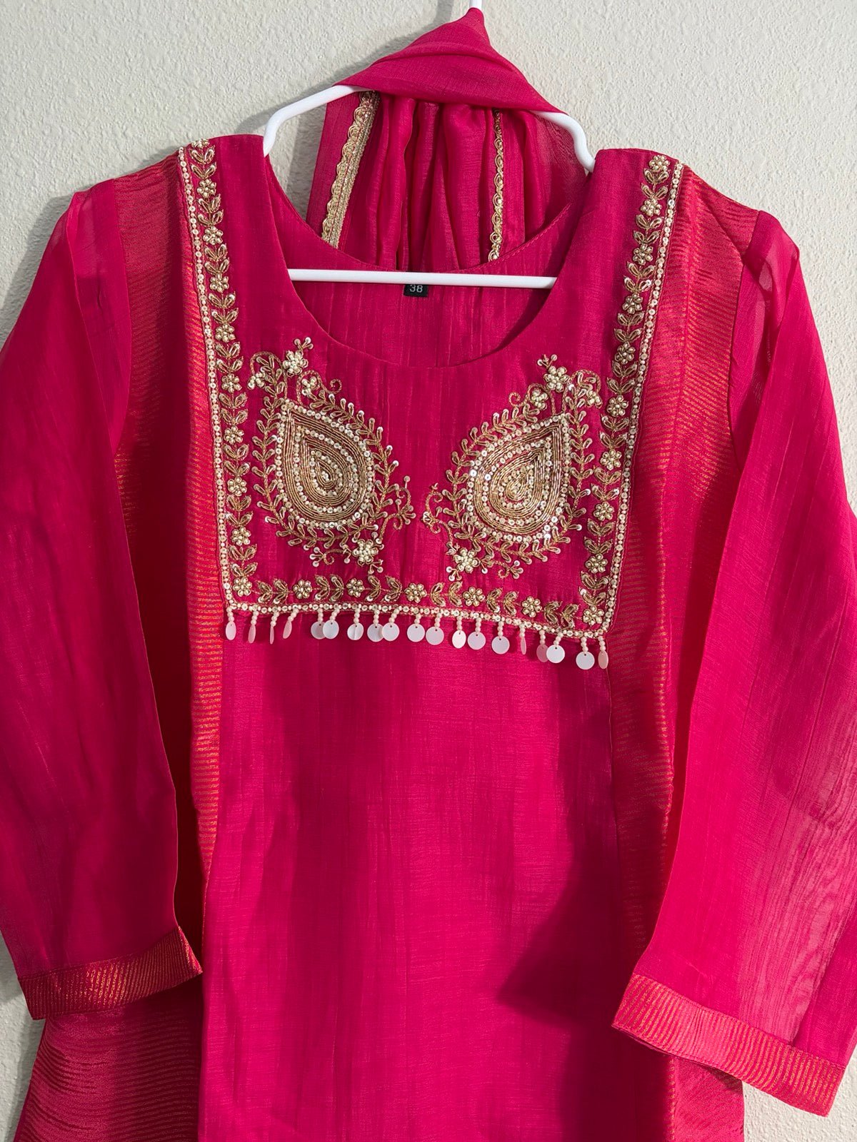 Mul Chanderi Handwork Dress Set Dual Tone - Maatruu