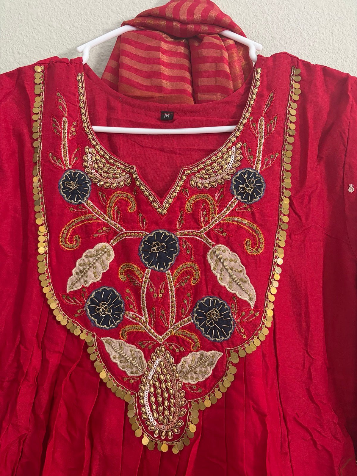 Mul Chanderi Handwork Dress Set in Red - Maatruu
