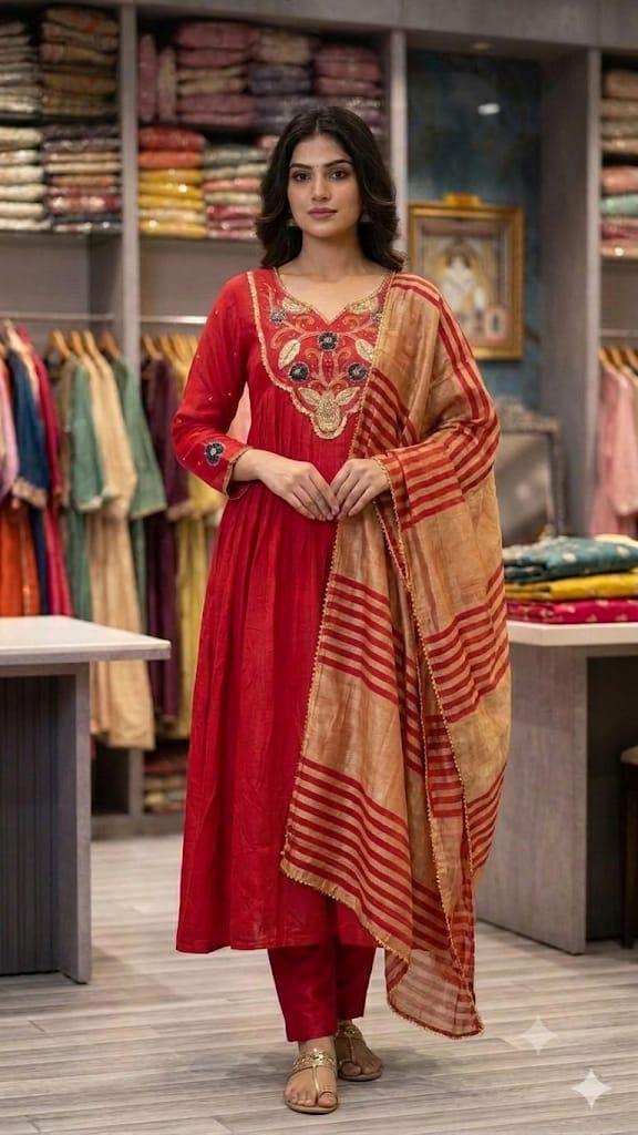 Mul Chanderi Handwork Dress Set in Red - Maatruu