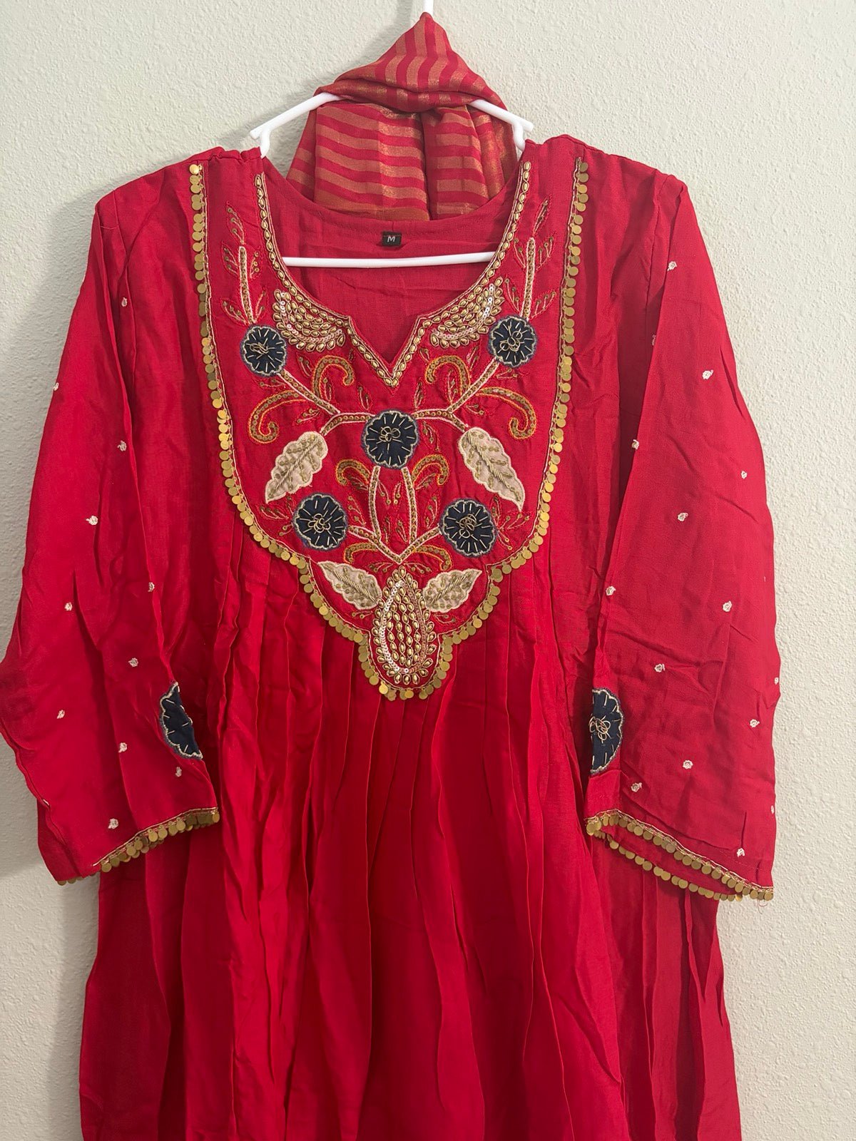 Mul Chanderi Handwork Dress Set in Red - Maatruu