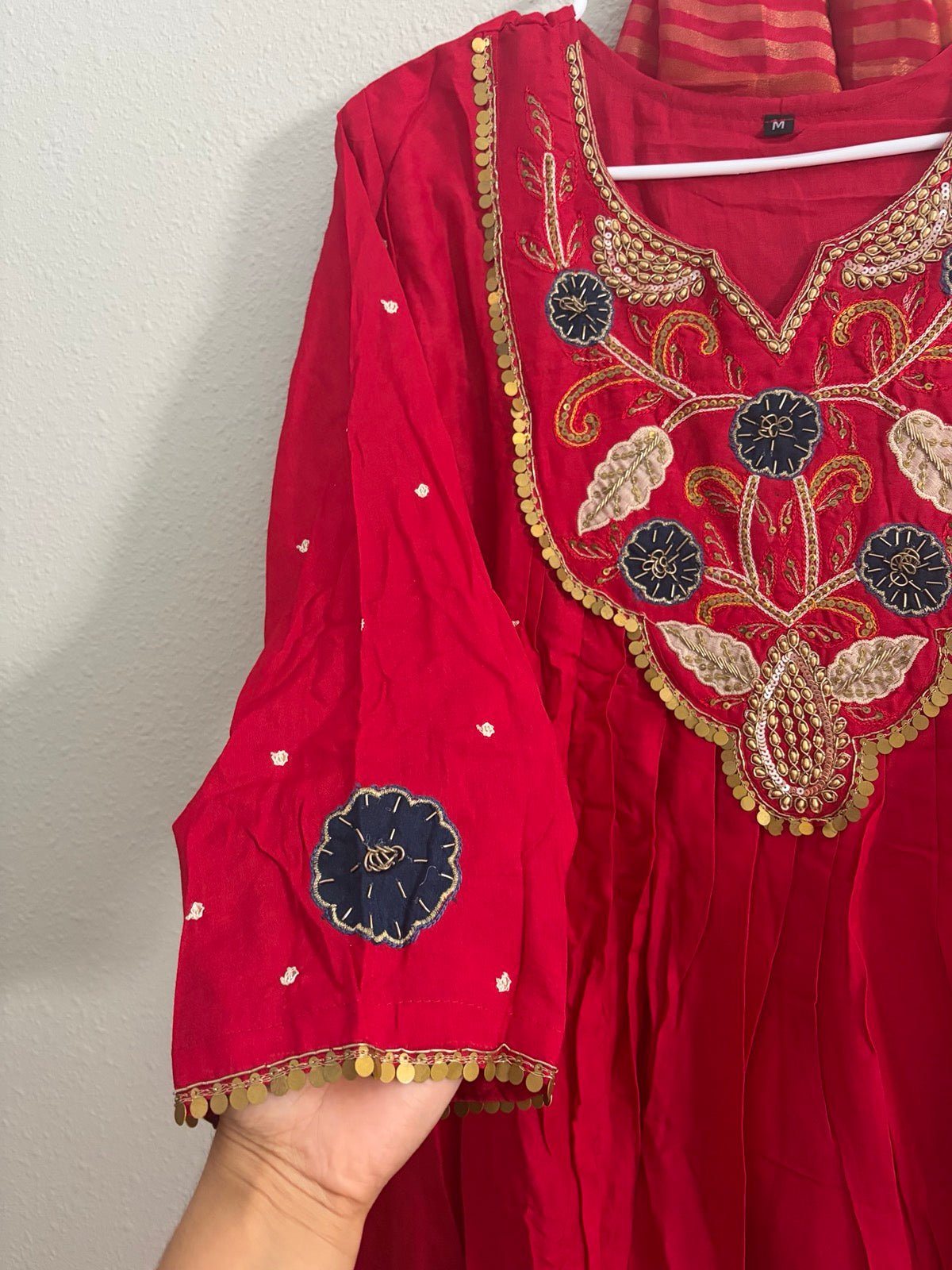 Mul Chanderi Handwork Dress Set in Red - Maatruu