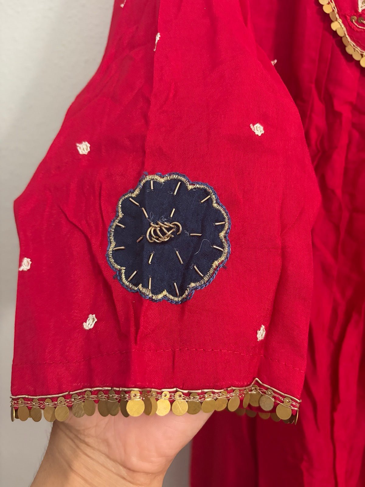 Mul Chanderi Handwork Dress Set in Red - Maatruu
