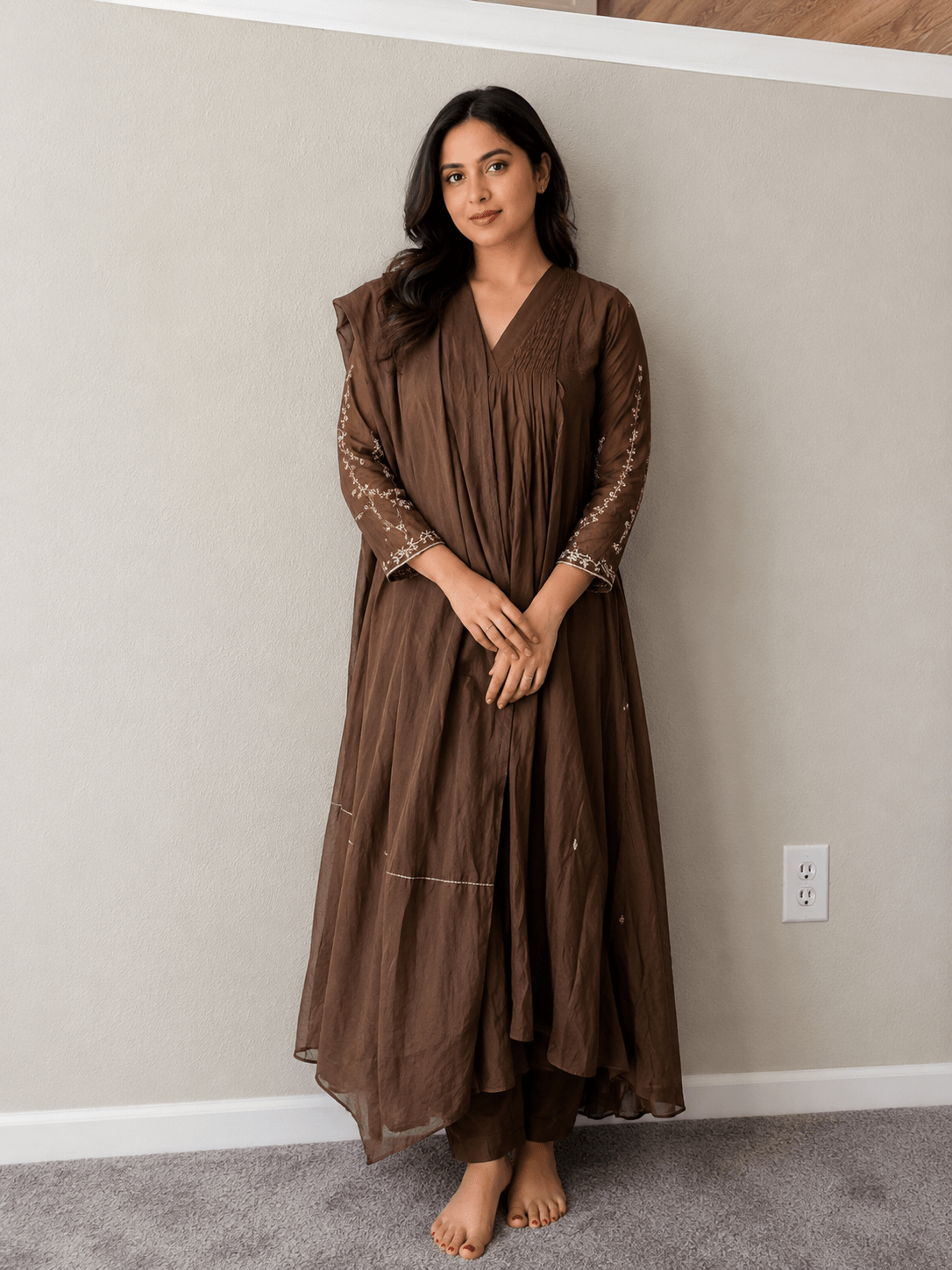 Mulchanderi A-line coffee brown dress set - Maatruu