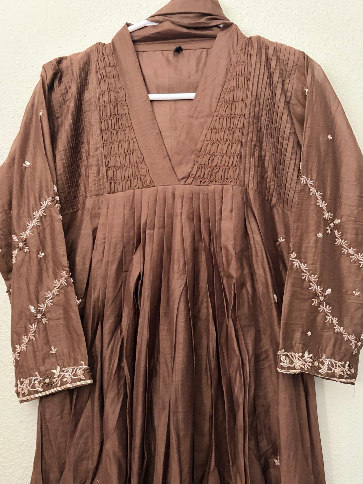 Mulchanderi A-line coffee brown dress set - Maatruu