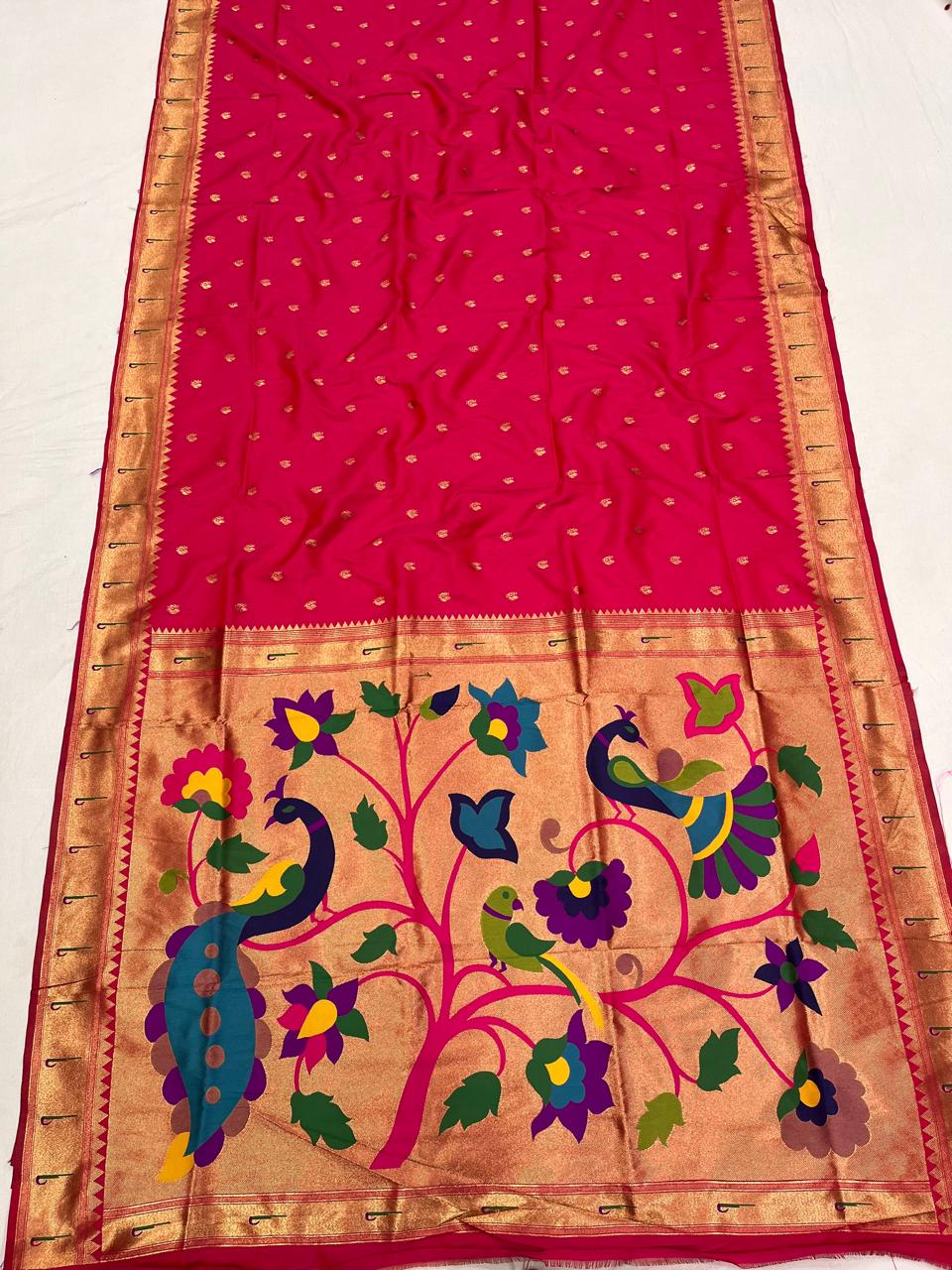 Muniya border Soft silk Paithani in Rani pink - Maatruu