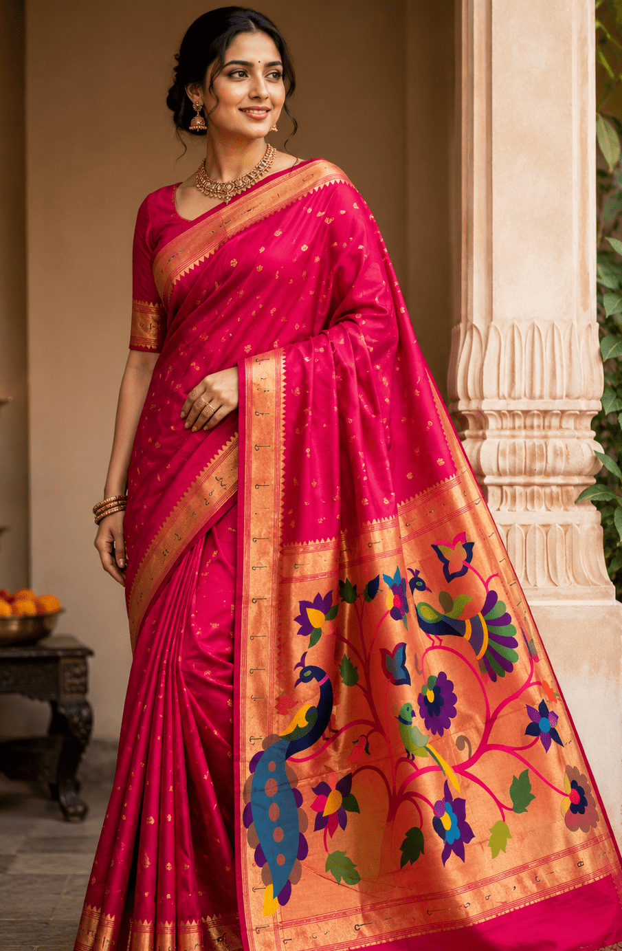Muniya border Soft silk Paithani in Rani pink - Maatruu