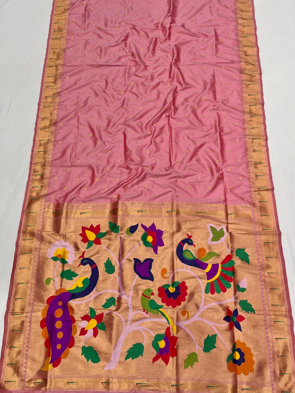 Muniya borderSoft silk Paithani saree in Light Pink - Maatruu