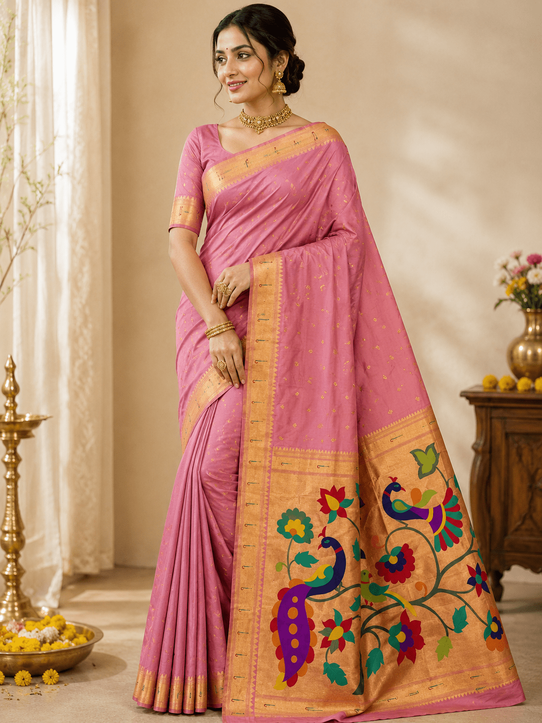 Muniya borderSoft silk Paithani saree in Light Pink - Maatruu