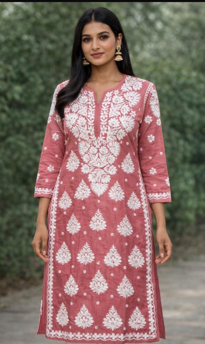 Heavy handwork Chikankari kurti front view - Maatruu
