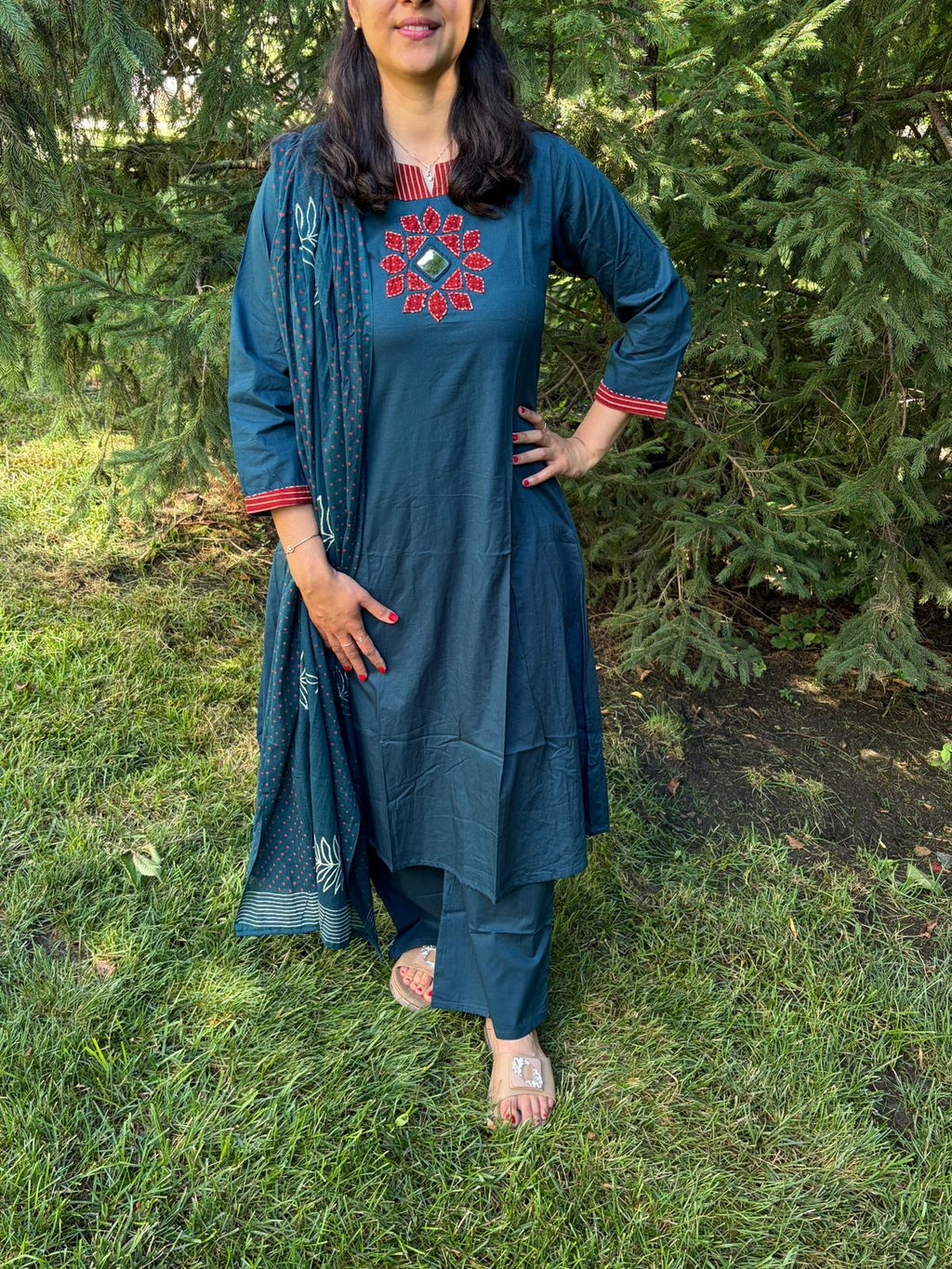 Natural Cotton A-Line 3-Piece Set with Mirror Work - Maatruu