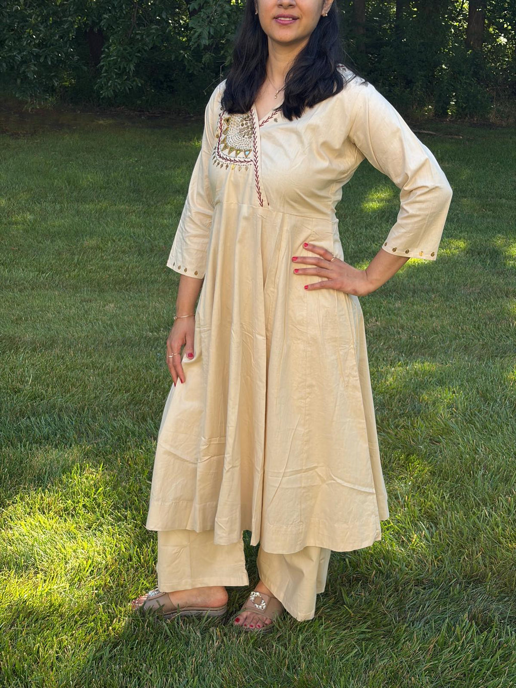 Off-White Cotton Anarkali Mirror Coord-Set - Maatruu