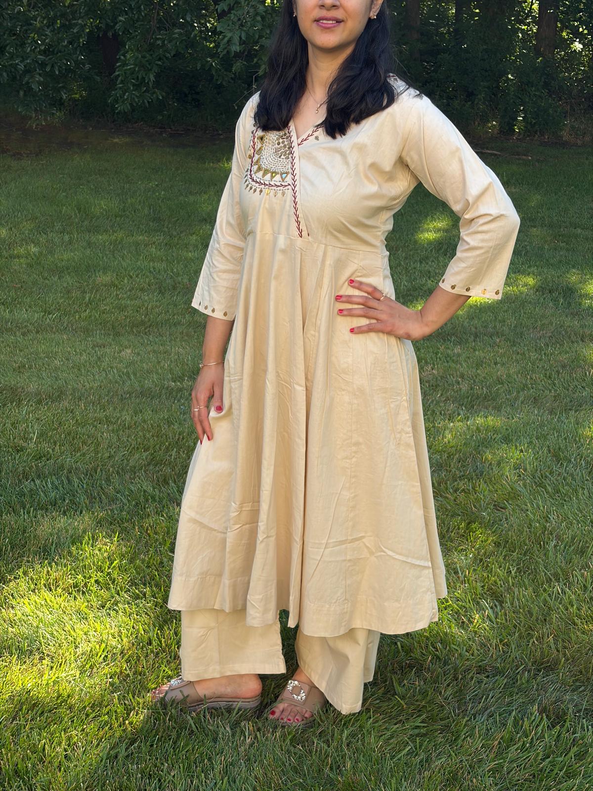 Off-White Cotton Anarkali Mirror Coord-Set - Maatruu