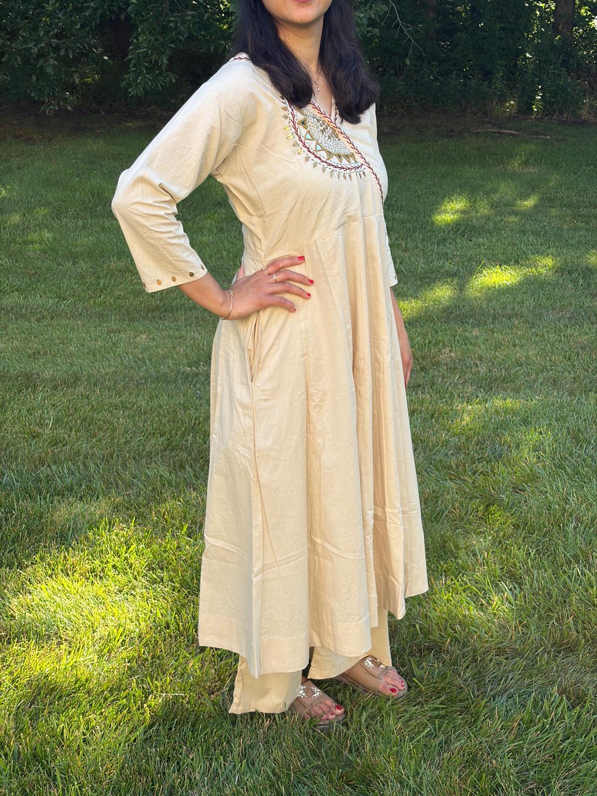 Off-White Cotton Anarkali Mirror Coord-Set - Maatruu