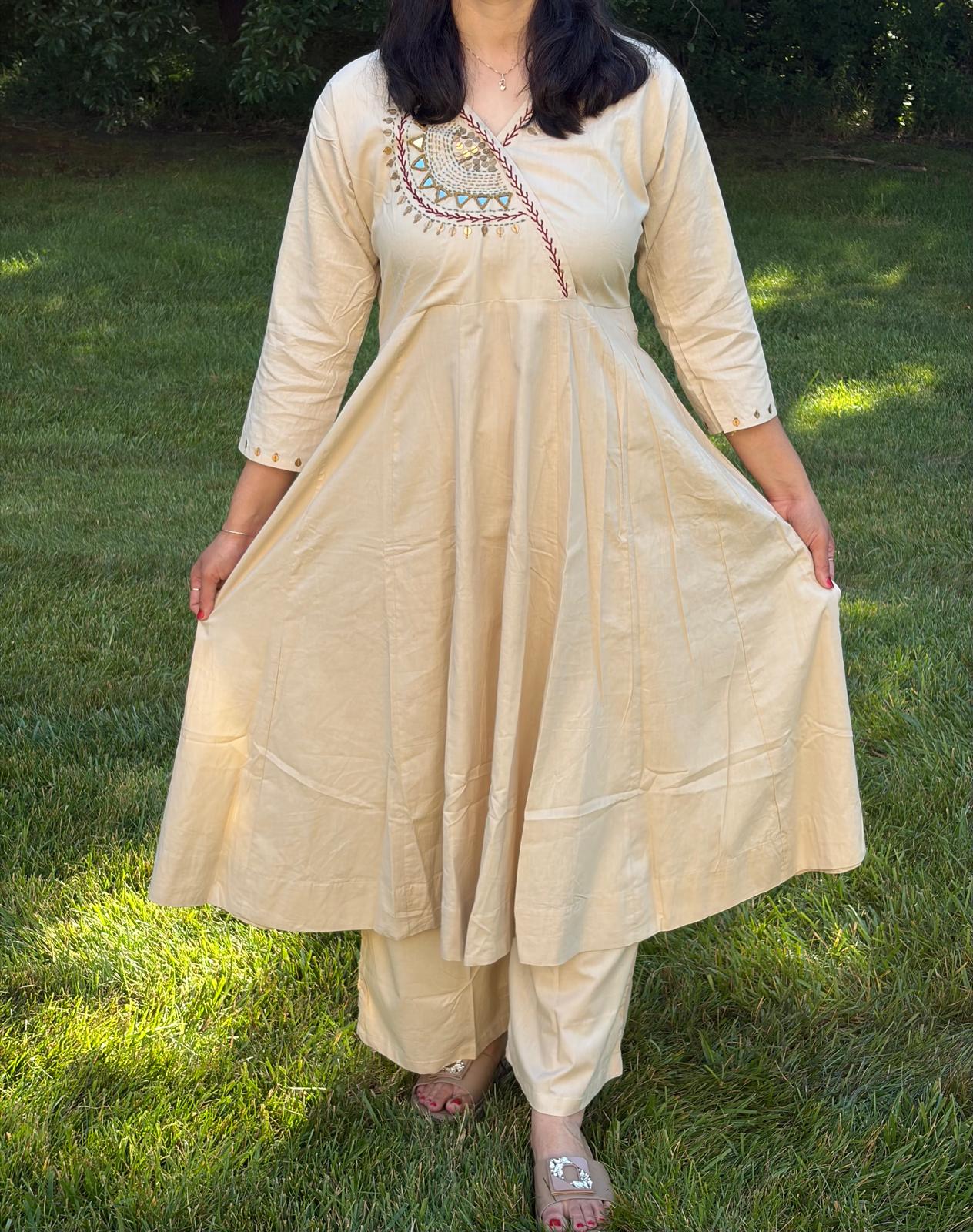 Off-White Cotton Anarkali Mirror Coord-Set - Maatruu