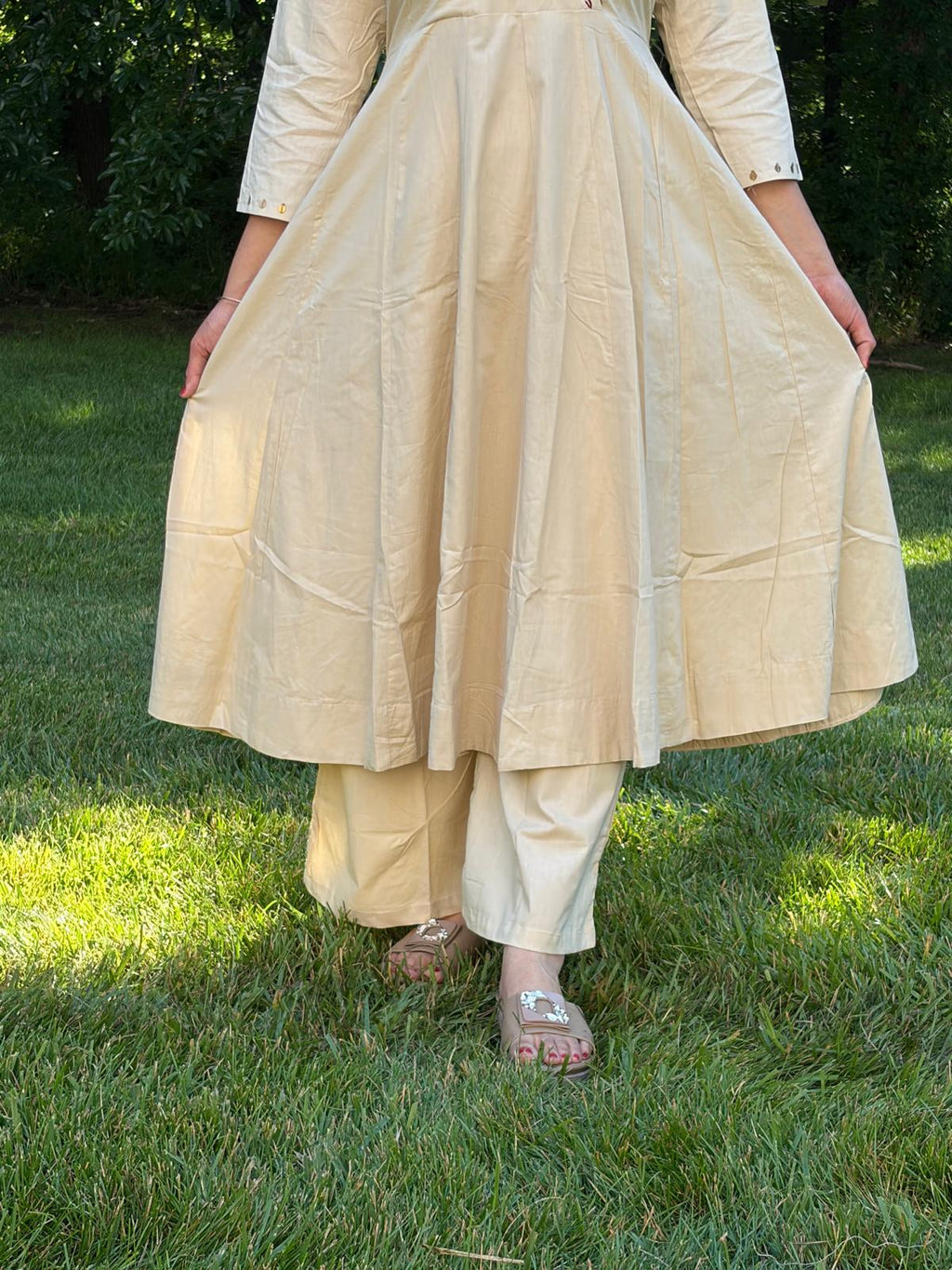 Off-White Cotton Anarkali Mirror Coord-Set - Maatruu