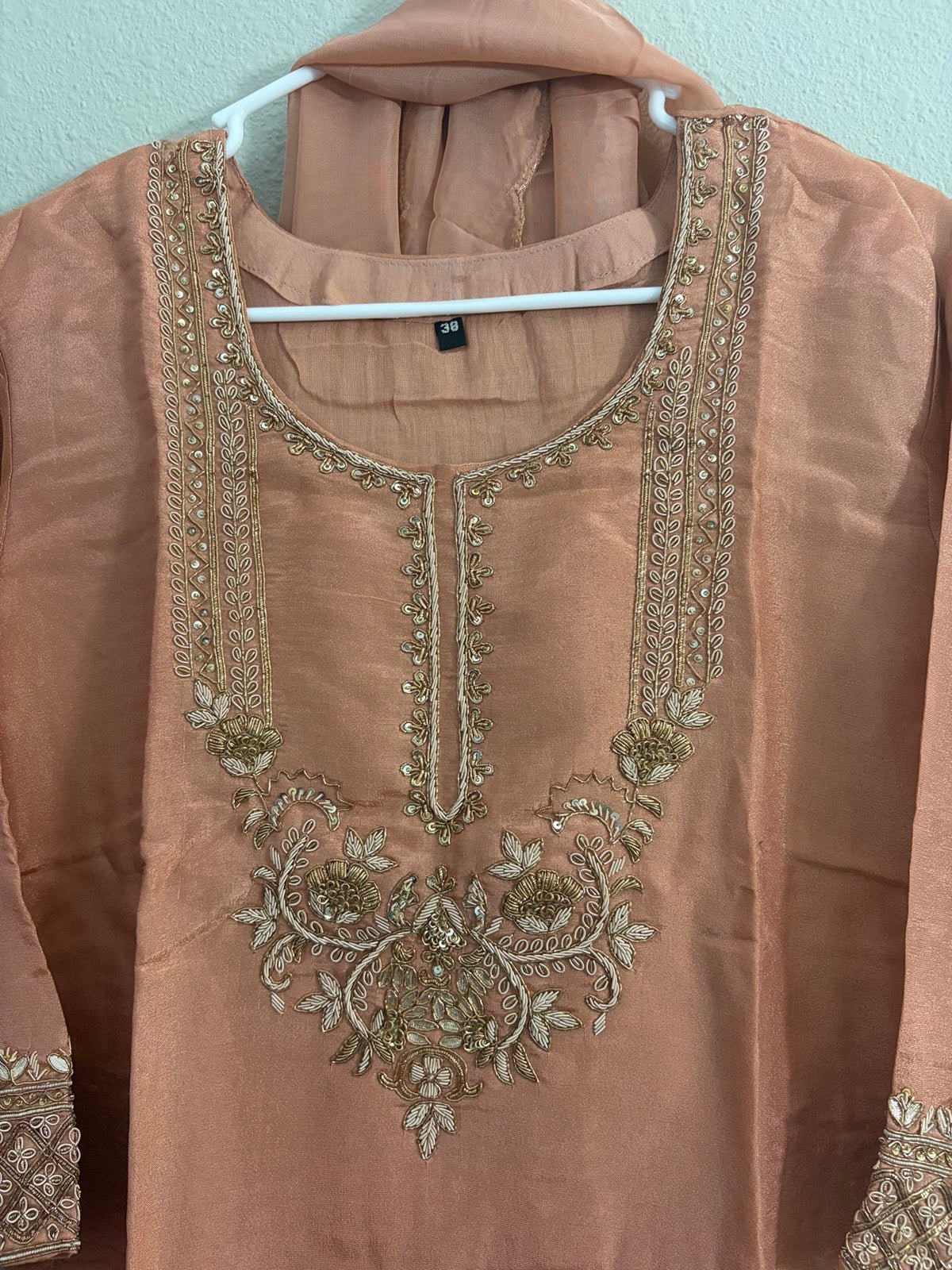 Peach Tissue Silk Handwork Plazzo Set - Maatruu