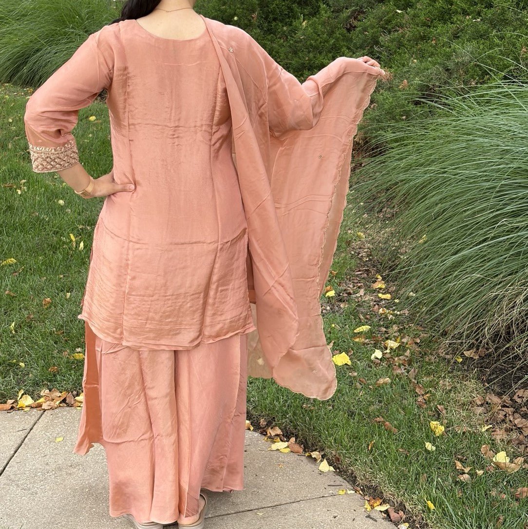 Peach Tissue Silk Handwork Plazzo Set - Maatruu