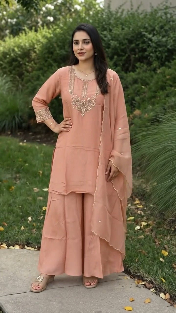 Peach Tissue Silk Handwork Plazzo Set - Maatruu