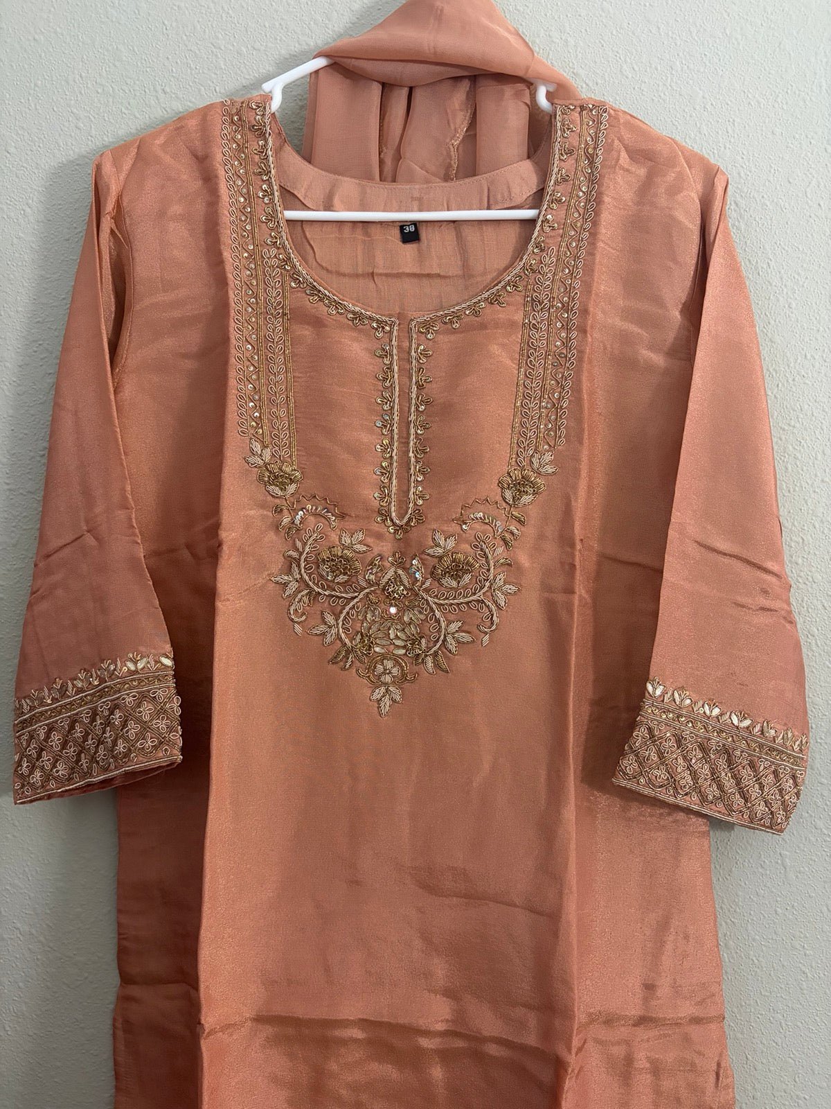 Peach Tissue Silk Handwork Plazzo Set - Maatruu