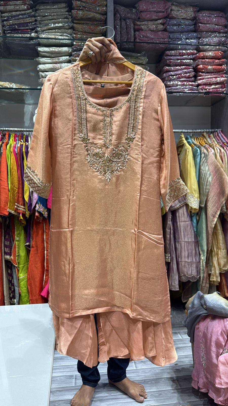 Peach Tissue Silk Handwork Plazzo Set - Maatruu