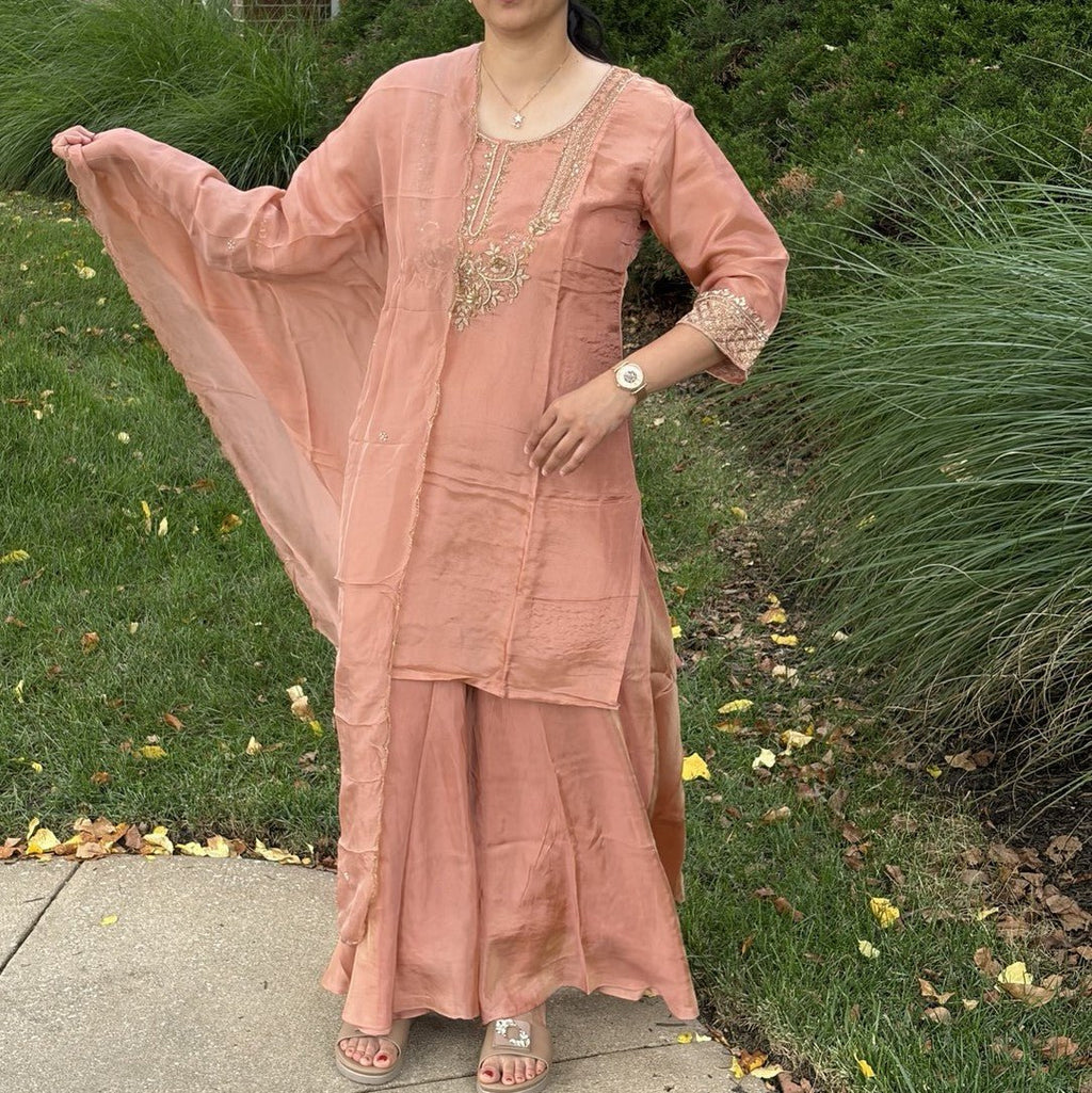 Peach Tissue Silk Handwork Plazzo Set - Maatruu
