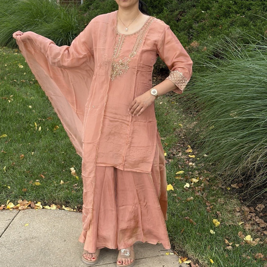 Peach Tissue Silk Handwork Plazzo Set - Maatruu