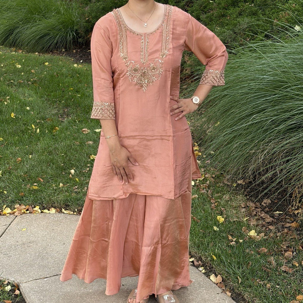 Peach Tissue Silk Handwork Plazzo Set - Maatruu