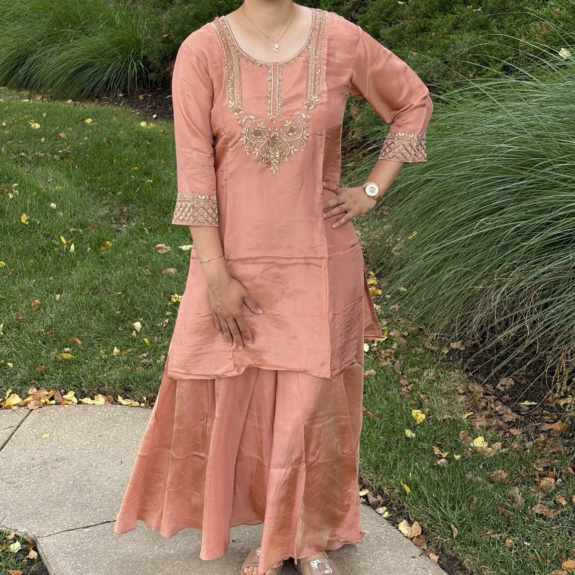 Peach Tissue Silk Handwork Plazzo Set - Maatruu