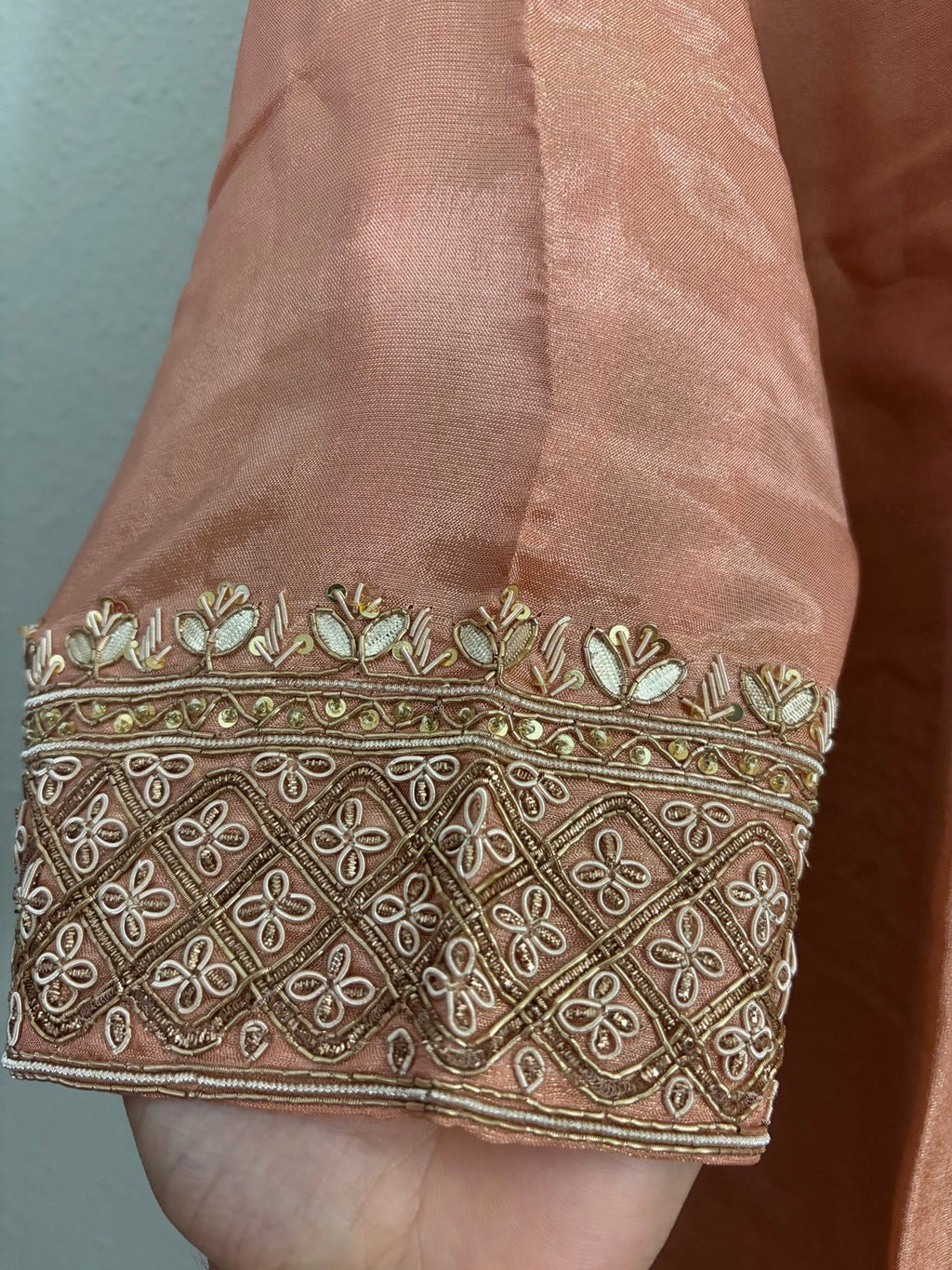 Peach Tissue Silk Handwork Plazzo Set - Maatruu