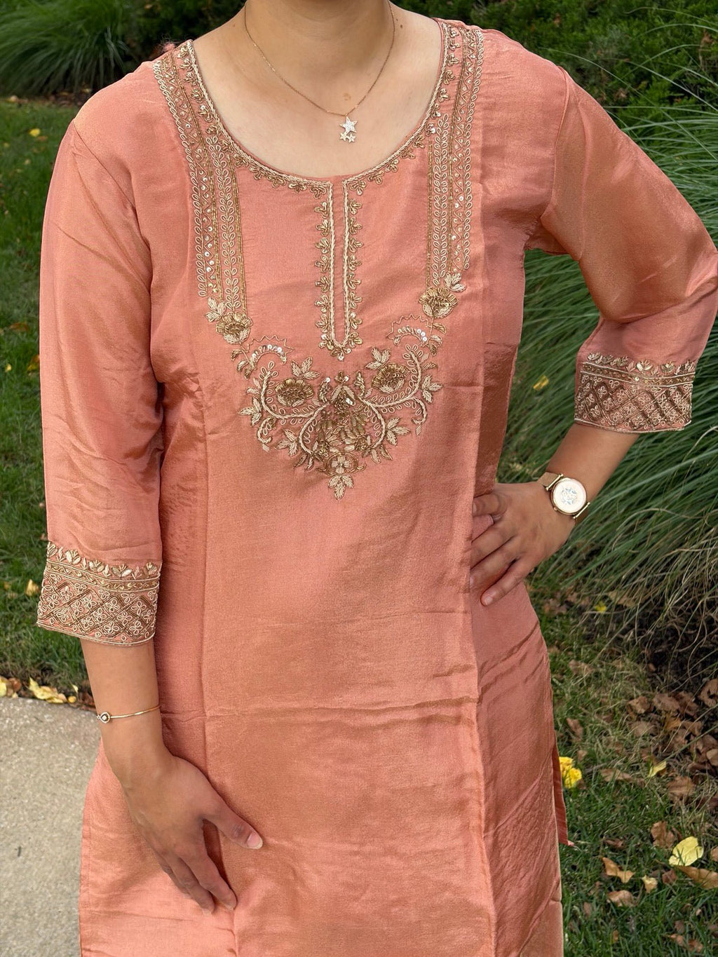 Peach Tissue Silk Handwork Plazzo Set - Maatruu