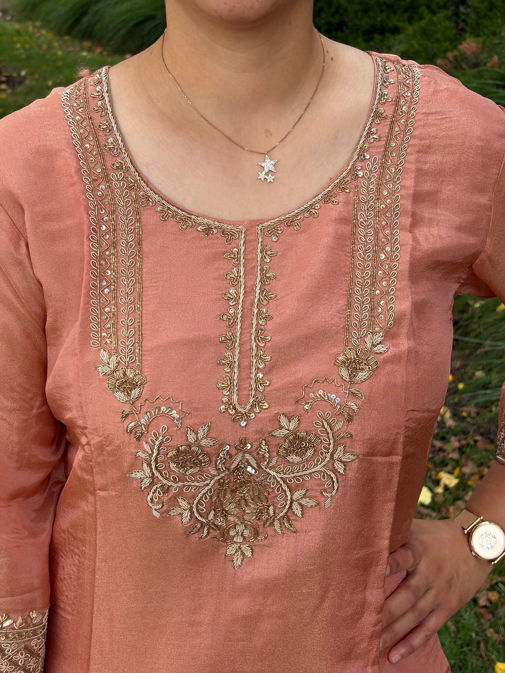 Peach Tissue Silk Handwork Plazzo Set - Maatruu
