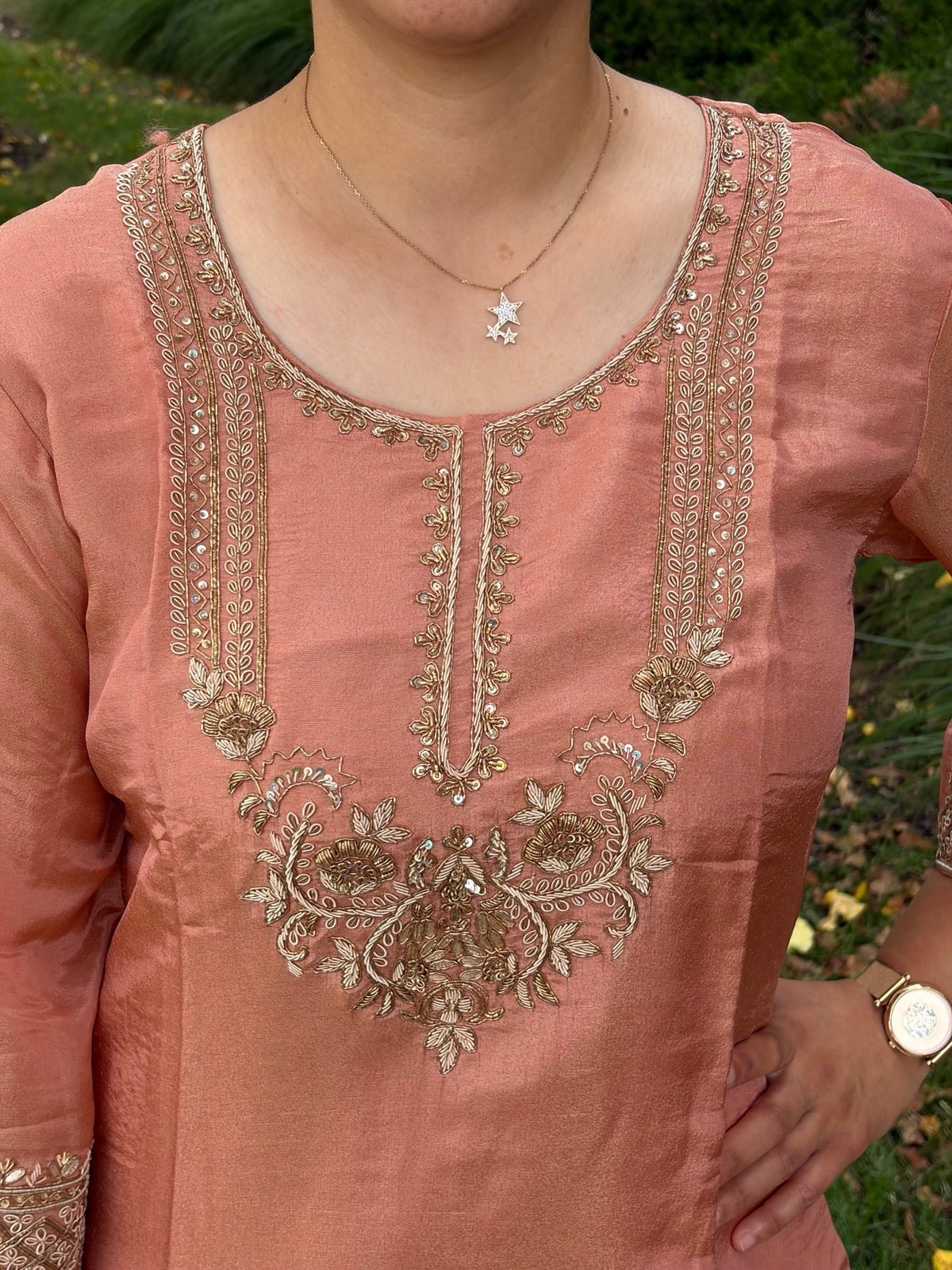 Peach Tissue Silk Handwork Plazzo Set - Maatruu